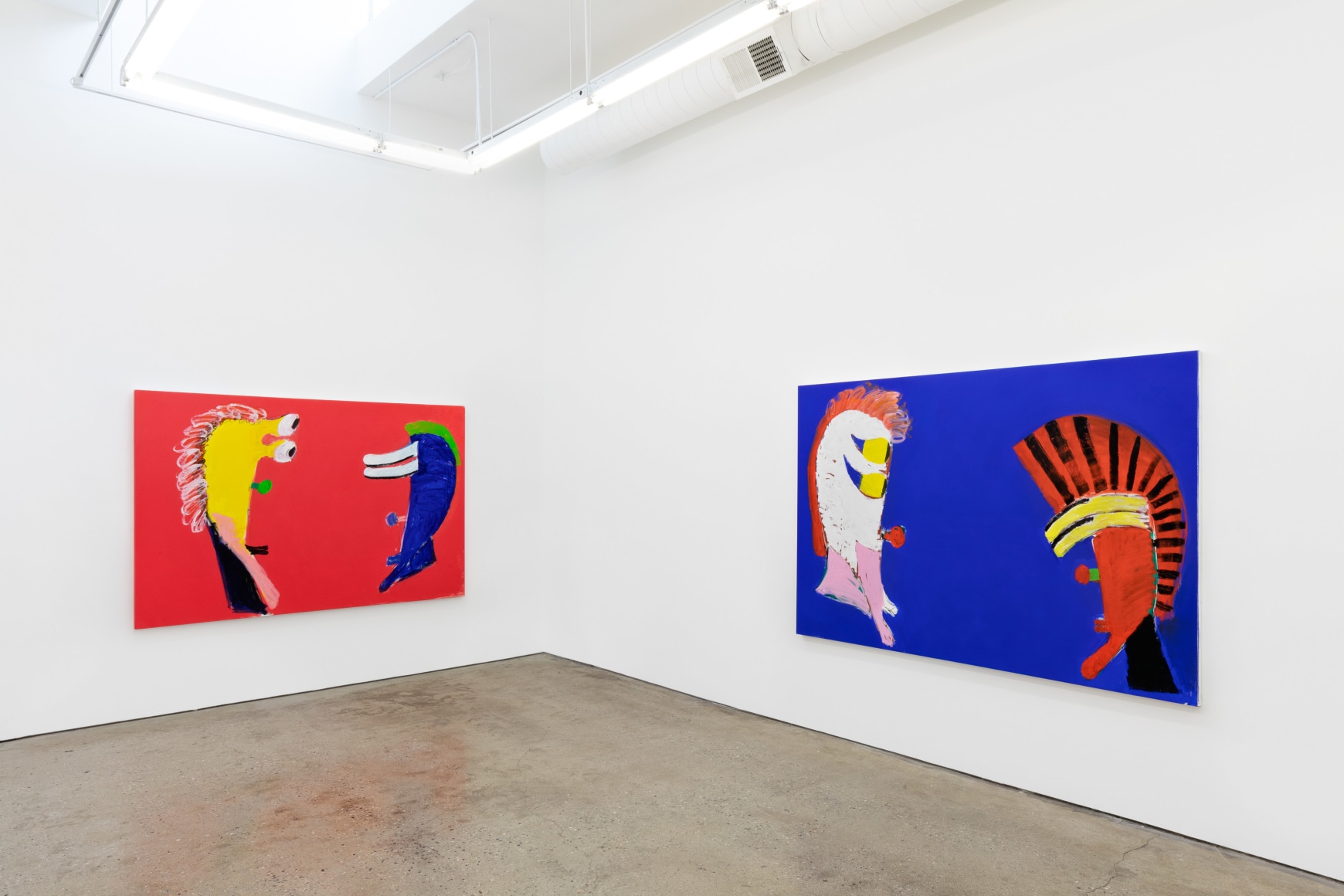 Installation View of &quot;Black Elk Speaks&quot;, a Red and a Blue painting by Wulff