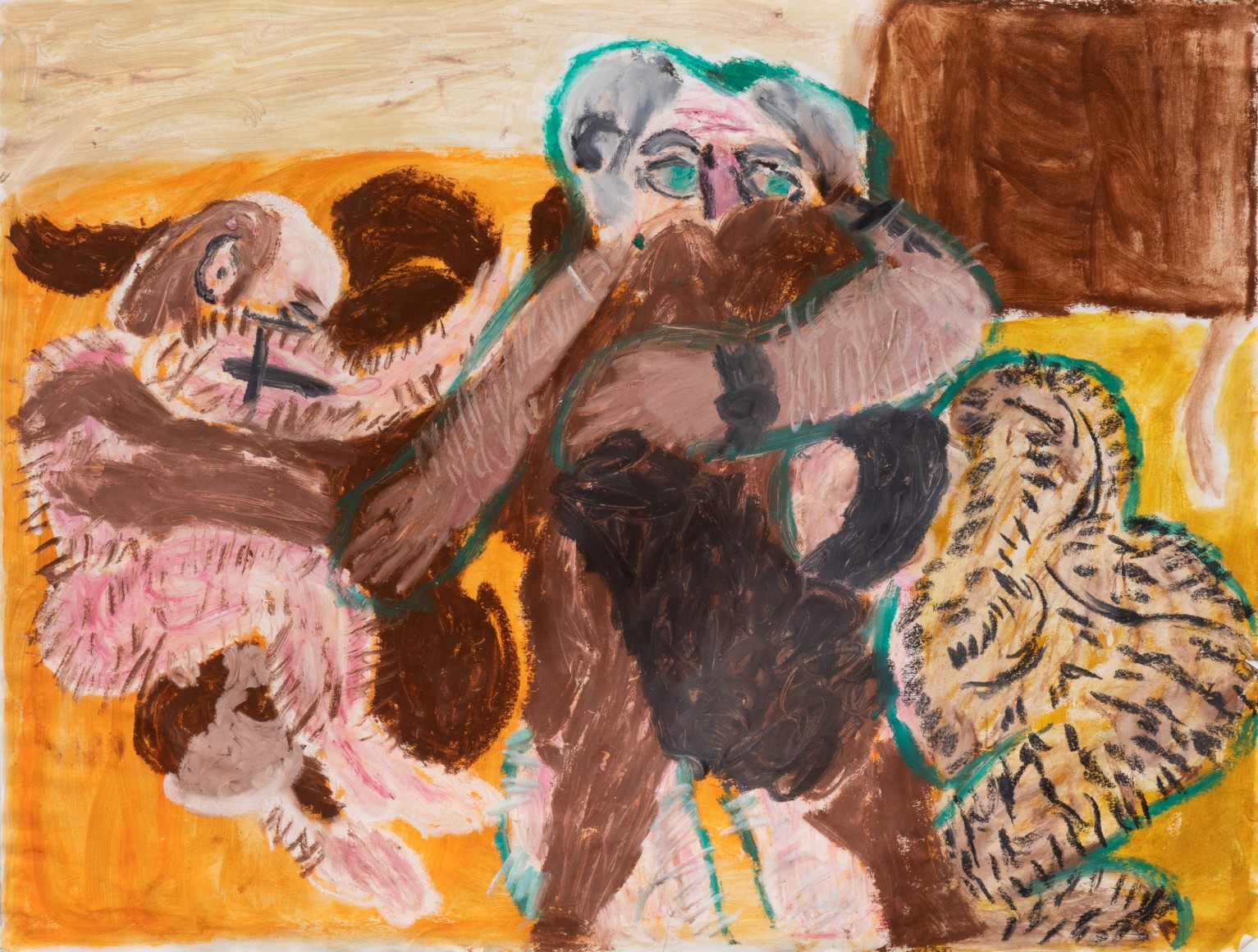 Raynes Birkbeck, Franz and the Crew in France, 2019. Oilstick and acrylic on paper, 18 x 24 in, 45.7 x 61 cm (RBI20.002)