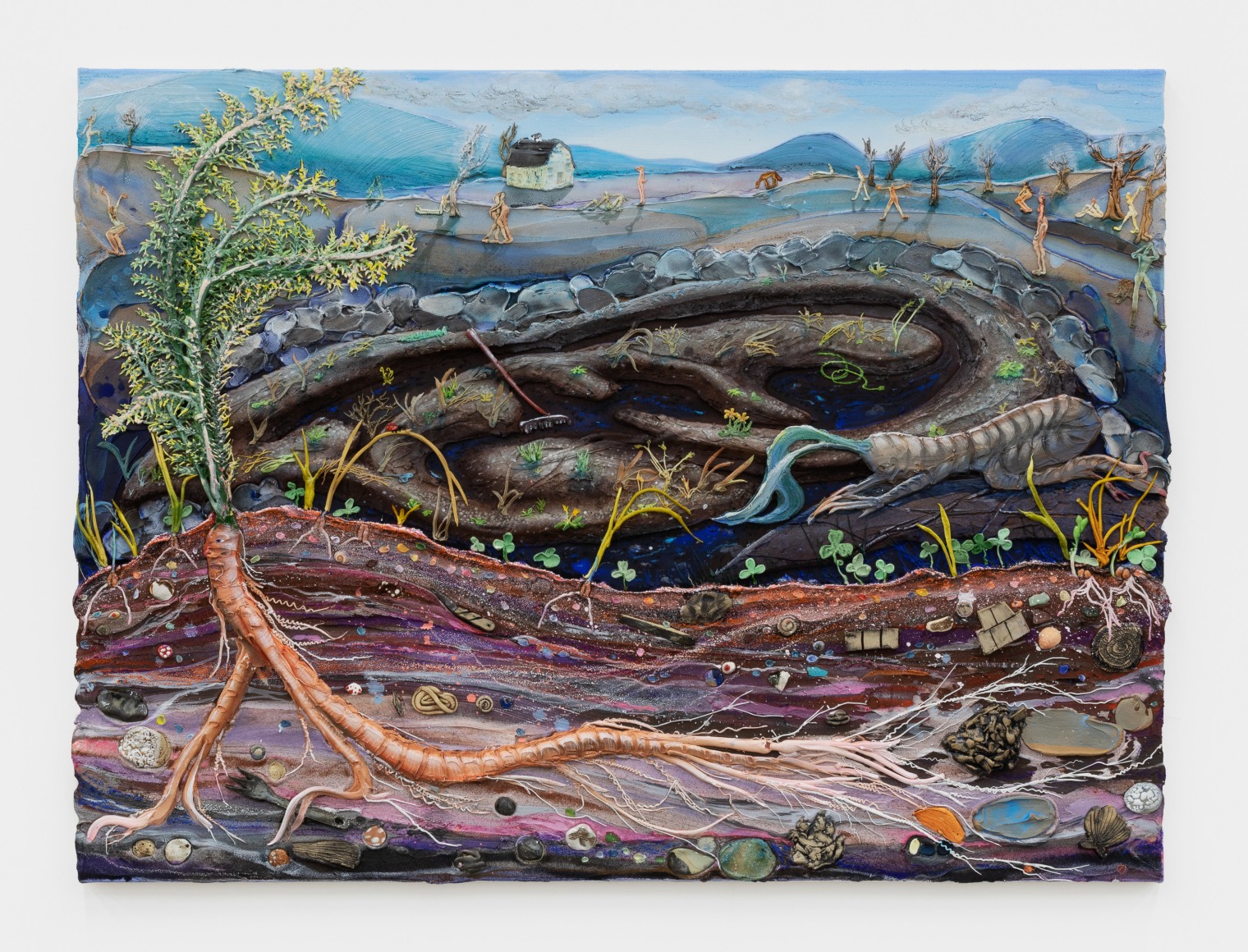 Kate Klingbeil Ear To The Ground, 2021 Acrylic, vinyl paint, pigment, watercolor, sand, pumice, ceramic, glass, microplastics from Lake Michigan, and oil stick on canvas 30 x 40 1/2 x 1 1/2 in 76.2 x 102.9 x 3.8 cm (KKL21.001)