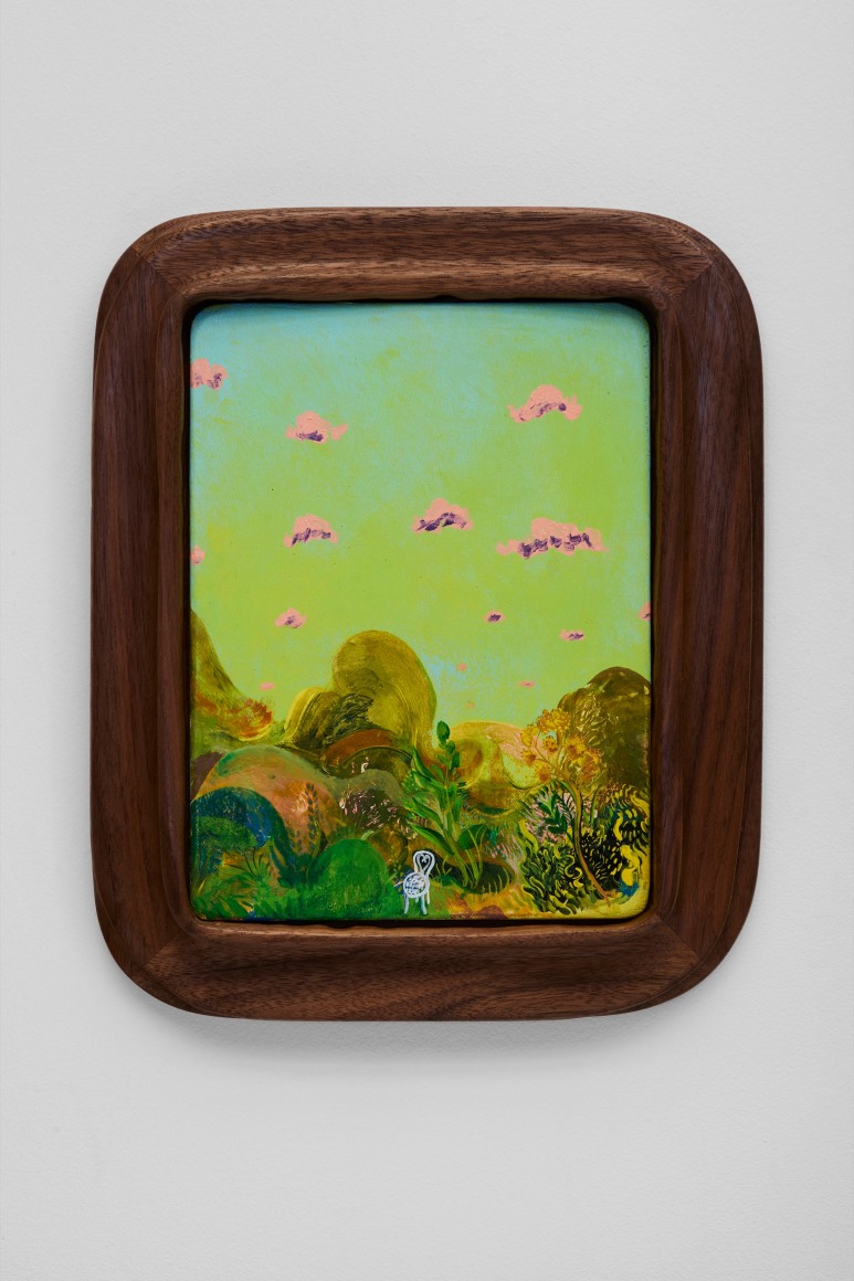 Karel Dicker Lonely Chair in Wild Country, 2025 Acrylic on Belgian linen with American walnut frame 13 x 10 1/2 in 33 x 26.7 cm (KDI25.003)