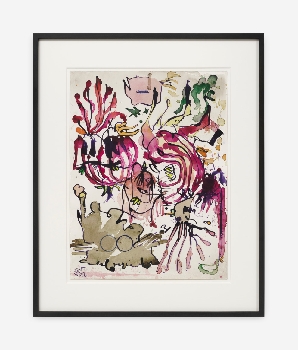 Jan-Ole Schiemann UNTITLED (PURPIL), 2022 Ink, watercolor on paper 17 7/8 x 14 3/4 x 1 5/8 in (framed) 45.5 x 37.5 x 4 cm (framed) (JS22.012)