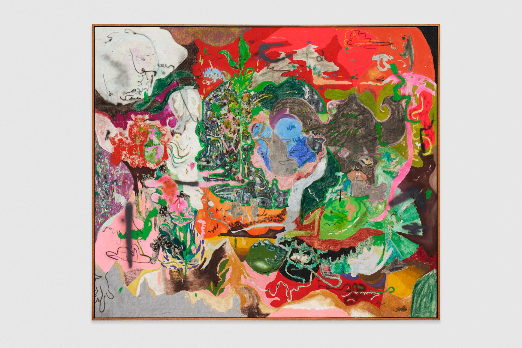 Michael Bauer Plant and Grey Uncle (Birthdayboy), 2022 Oil, acrylic, and pastels on canvas 48 1/2 x 57 in (framed) 123.2 x 144.8 cm (framed) (MBA22.011)