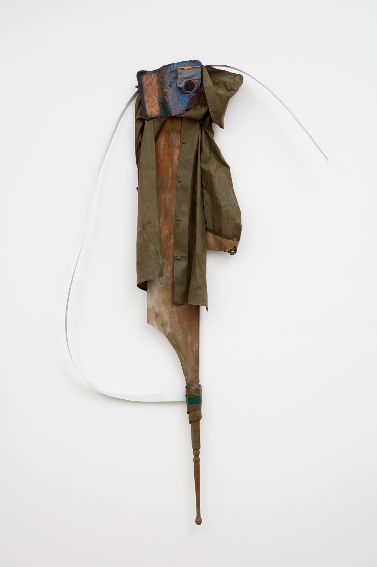 Blair Saxon-Hill On Deck, 2018 LA metal, wash cloth, tin can, railing element, wood, rain jacket, fiber reinforced plaster, gouache, foam 84 x 48 x 8 in 213.4 x 121.9 x 20.3 cm (BSH18.045)