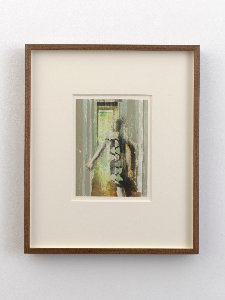 Jonathan Wateridge Figure in Corridor, 2023 Signed, titled, and dated on verso Oil on paper 16 1/2 x 13 3/4 in (framed) 41.9 x 34.9 cm (framed) (JWA24.027)