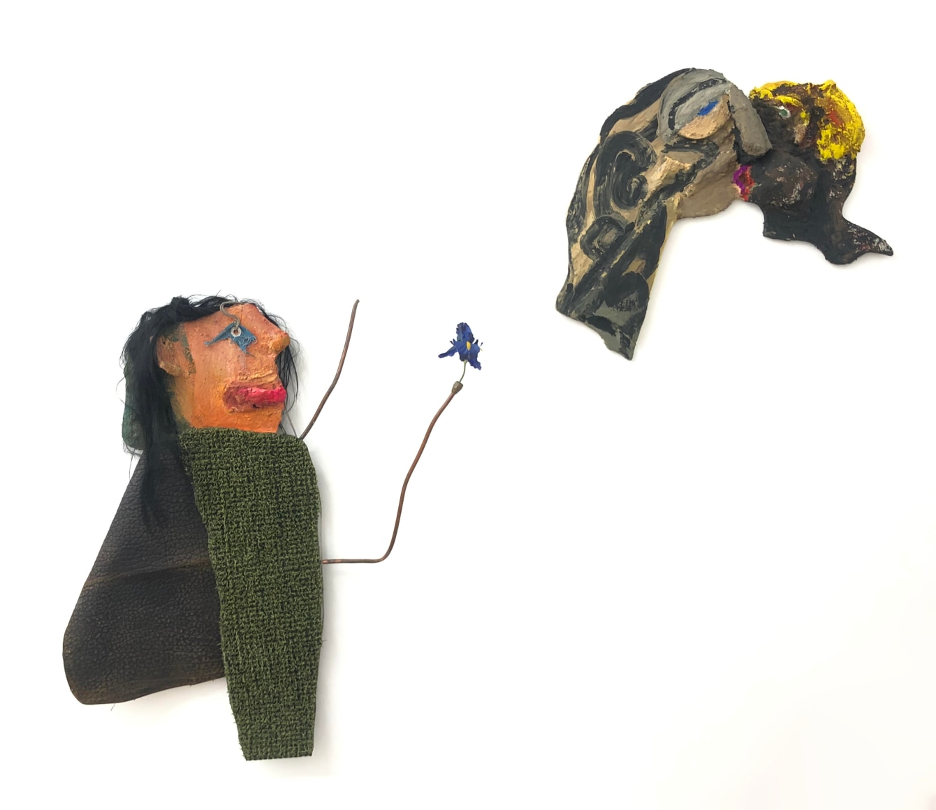Blair Saxon-Hill I Swore a Kind of Allegiance, 2018 and Went Their Water, 2018 Wick, stick, carrot, can, mesh fruit bag, cement, nude corset, frame, glitter tinsel, seal skin, lamp shade, nude nylons, railroad flattened wire, child’s chair, wood, foam, metal, iridescent sticker, fiber reinforced plaster, gouache Hidden crown hair extension, leather folder, plastic door mat, copper tubing, artificial Iris, tarp and grommet, wood, fiber reinforced plaster, cement, foam, gouache 63 x 60 x 6 1/2 in 160 x 152.4 x 16.5 cm (BSH18.040)