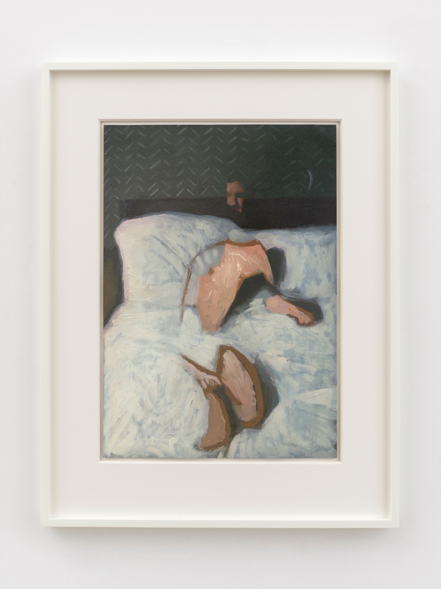 Jonathan Wateridge Figure on Bed, 2025 Oil on paper 27 1/4 x 21 x 1 5/8 in (framed) 69.1 x 53.2 x 4 cm (framed) (JWA25.035)