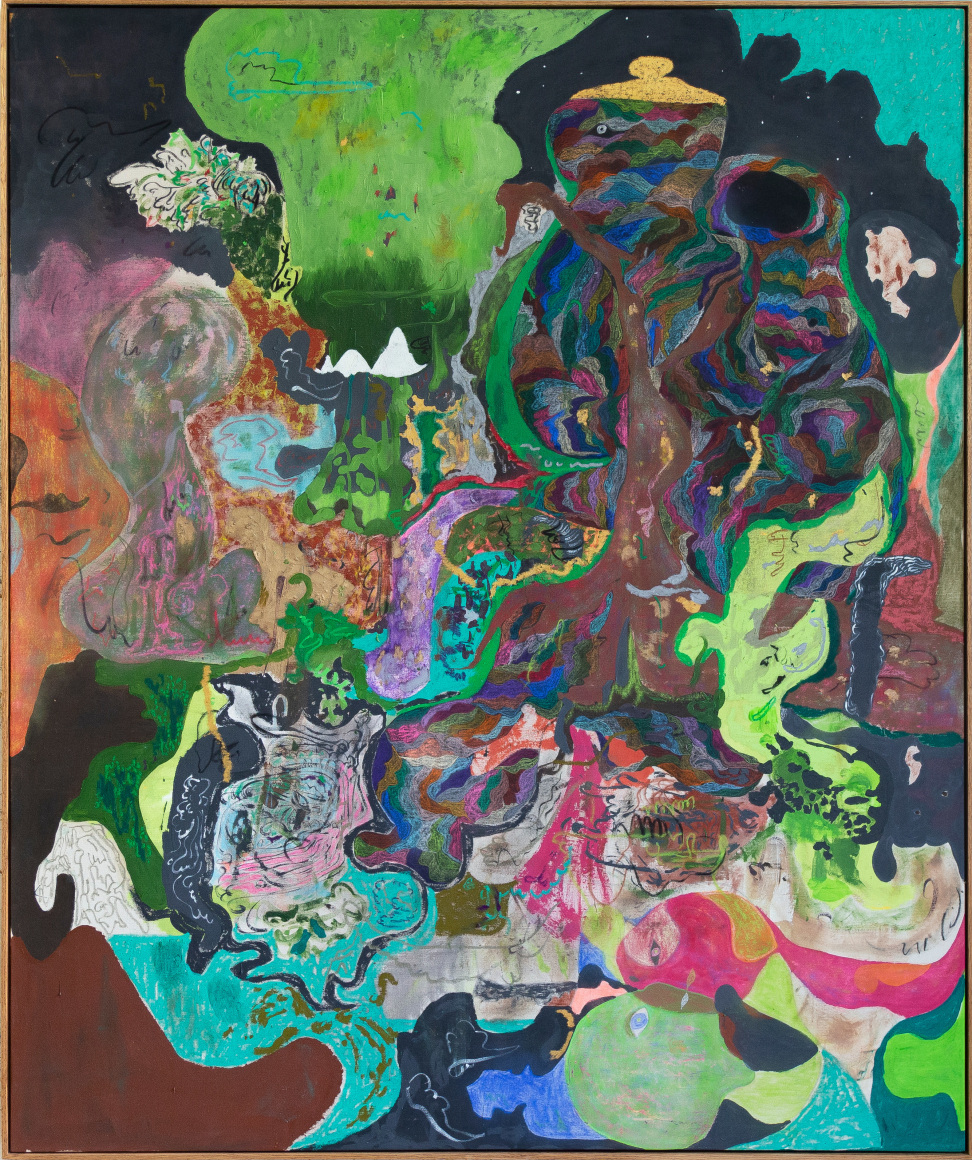 Michael Bauer Boozy Shelter, 2019 Oil, crayon, pastel and acrylic on canvas 73 x 61 in 185.4 x 154.9 cm (MB19.003)