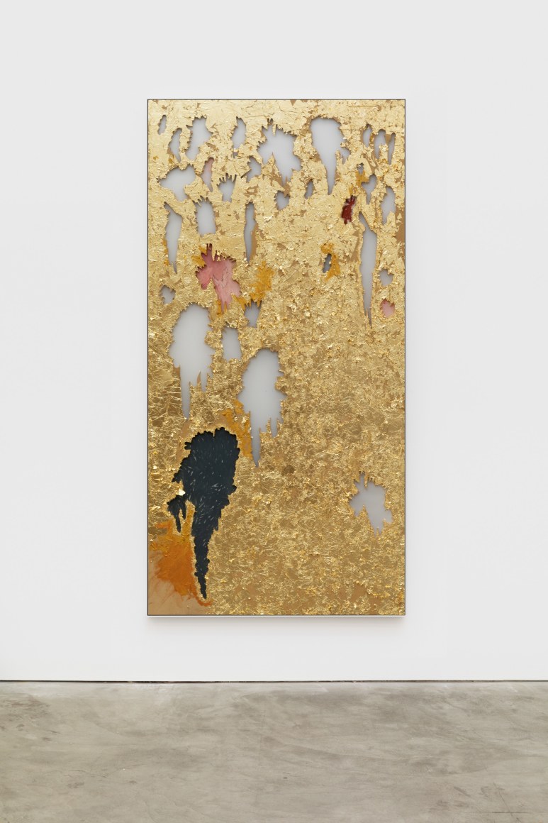 Cindy Phenix Own Destruction, 2020 Gold leaves, paper, oil and pastel on MDF 96 x 48 in 243.8 x 121.9 cm (CP20.023)