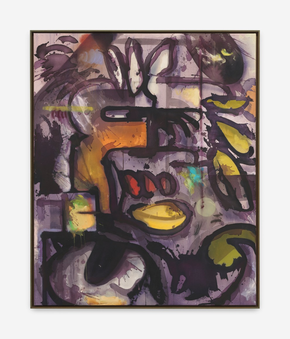 Jan-Ole Schiemann BEAKY FREQUENCY (PURPIL), 2022 Ink, acrylic, charcoal and oil pastel on canvas 44 3/8 x 36 1/2 x 1 1/8 in (framed) 112.7 x 92.7 x 3 cm (framed) (JS22.017)
