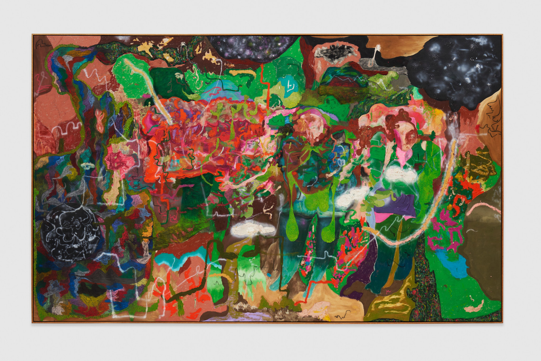Michael Bauer Two Psykers, Grey Aunt mirrored and Space Offerings, 2021 Oil, crayon, pastel, and acrylic on canvas 67 x 109 in 170.2 x 276.9 cm (MBA22.002)