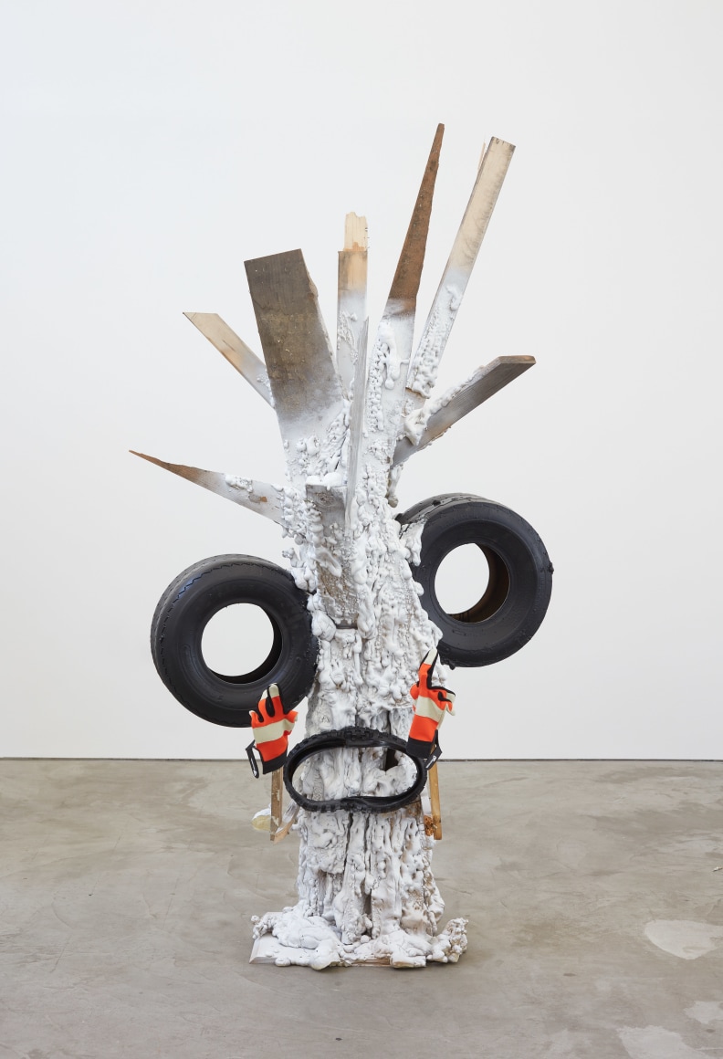 Jon Pylypchuk Hey fuckface, the kids are here!, 2018 Spray Foam, Wood, Aerosol, Tires and Gloves 82 x 42 x 29 in 208.3 x 106.7 x 73.7 cm (JPY18.019)