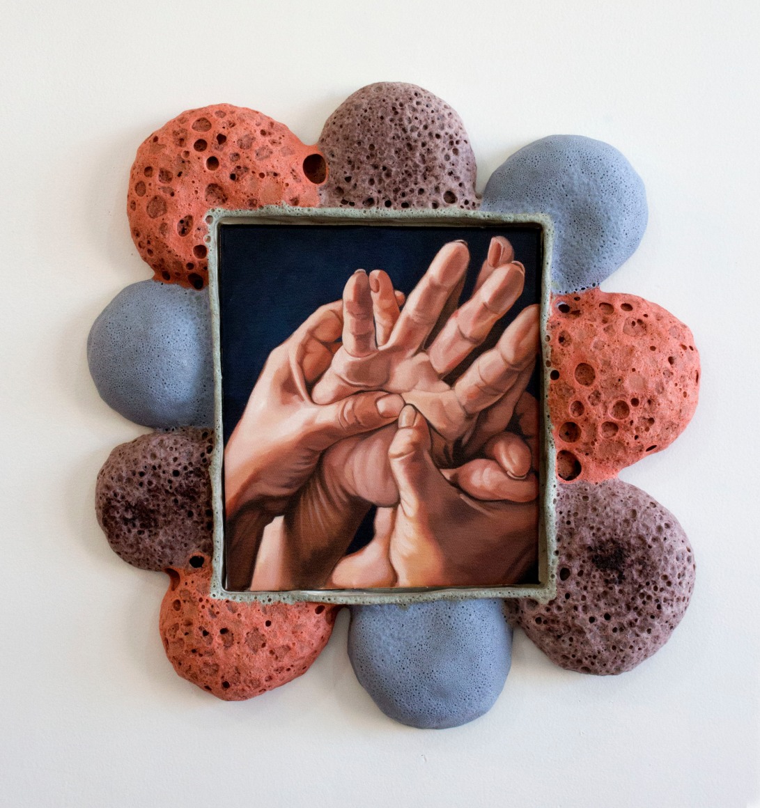 Stephanie Temma Hier Under The Volcano, 2020 Oil on linen with glazed stoneware sculpture 22 x 21 x 2 1/2 in 55.9 x 53.3 x 6.3 cm (SHI20.003)