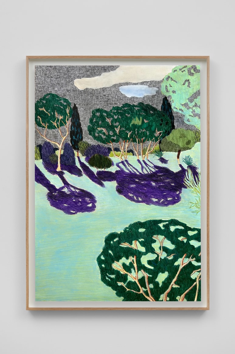 Per Adolfsen Moonlight shadows in a park, 2024 Signed, titled, and dated on verso Colored pencil, chalk and graphite on Hahnemühle paper 35 1/8 x 25 5/8 in (framed) 89.2 x 65 cm (framed) (PAD24.075)
