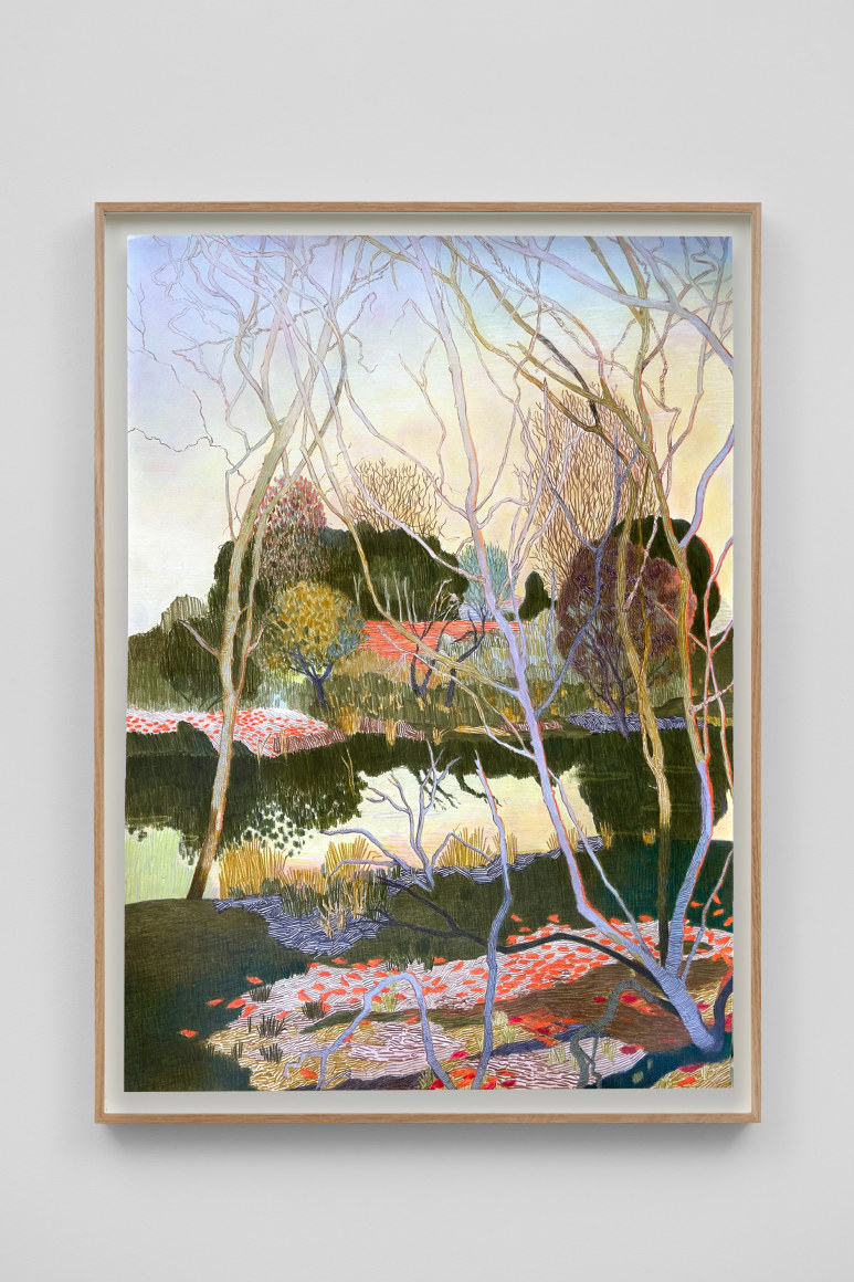 Per Adolfsen A September evening by the stream, 2024 Signed, titled, and dated on verso Colored pencil, chalk and graphite on Hahnemühle paper 35 1/8 x 25 5/8 in (framed) 89.2 x 65 cm (framed) (PAD24.066)