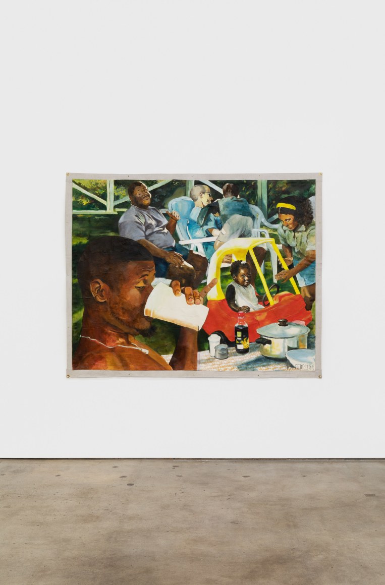 Kareem-Anthony Ferreira, Bareback at the cookout, 2020. Oil, mixed media, canvas, 58 x 71 1/2 in, 147.3 x 181.6 cm (KFE20.007)