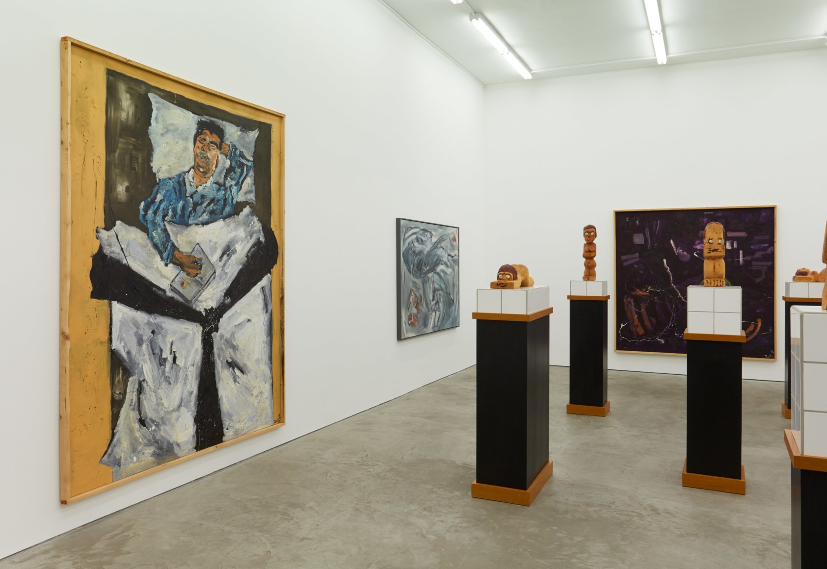 Installation View of "Werner Büttner Works from the Eighties" (2019), specifically highlighting "Selbst bei Ich könnt' im Bett verfaulen"