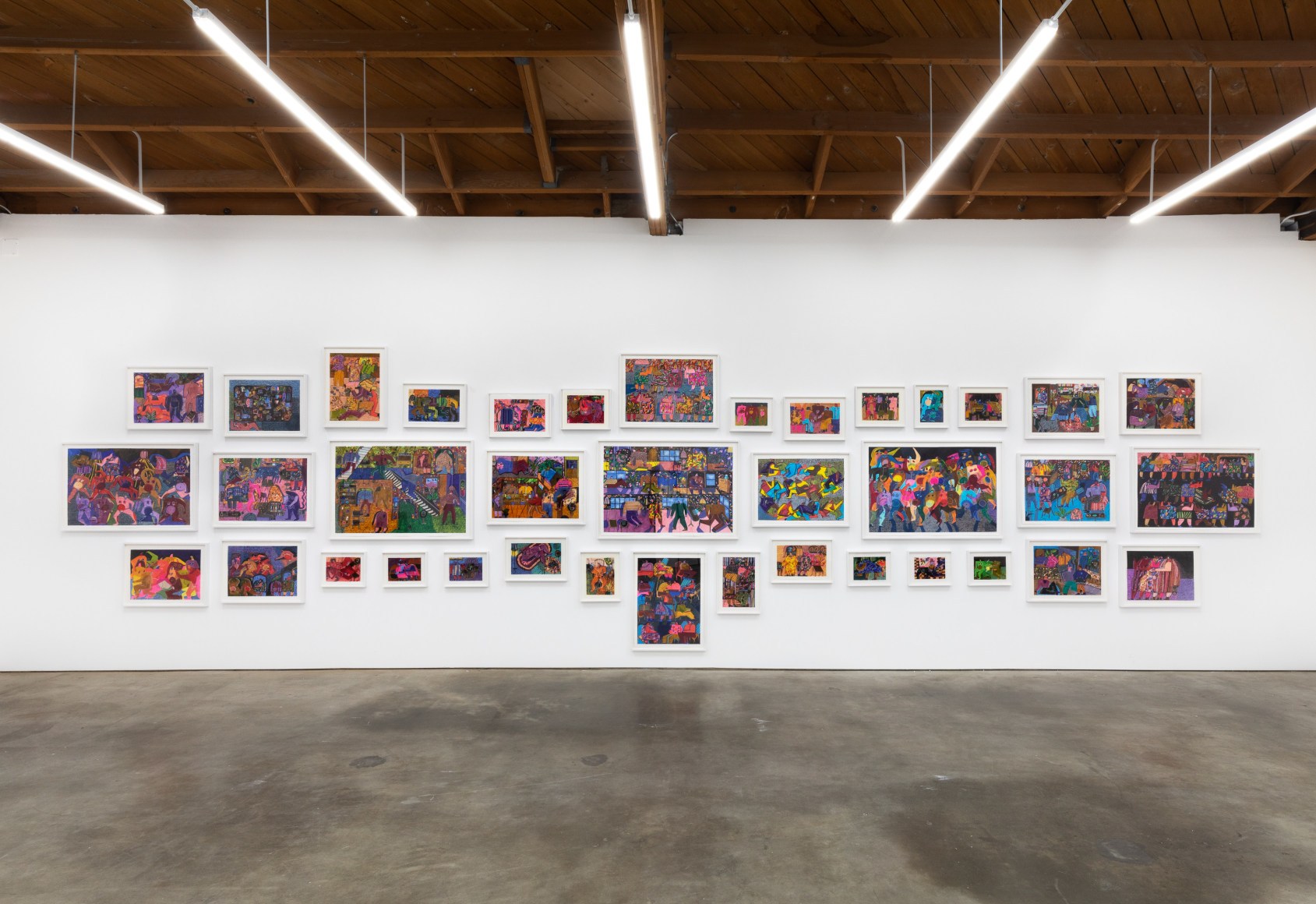 Installation shot of Andrea Heimer: The Quarantine Drawings (People Waiting) (June 7&ndash;30, 2020), Nino Mier Gallery, Los Angeles, CA