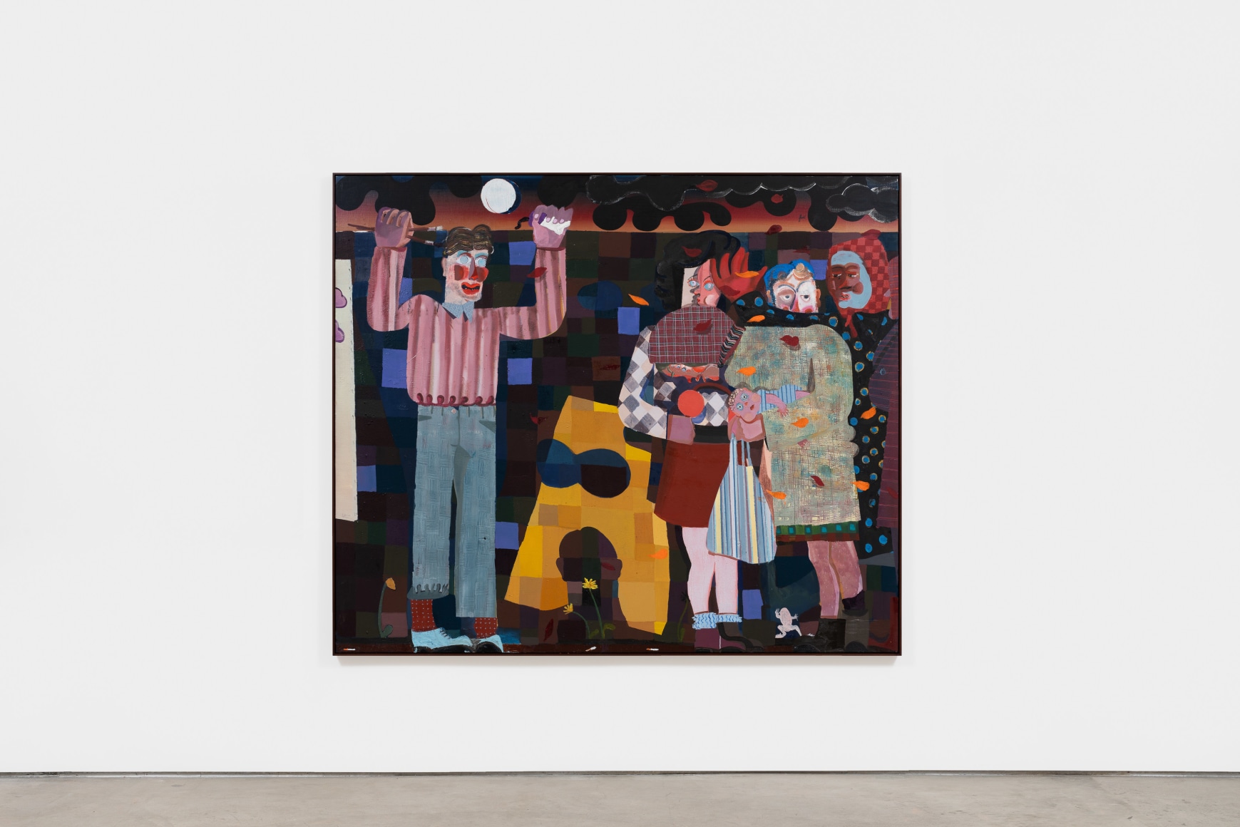 Pieter Jennes on the patio, my mother bets her boyfriend she can pour wine upside, 2021 Oil on canvas 66 7/8 x 78 3/4 in 170 x 200 cm (PJE22.014)