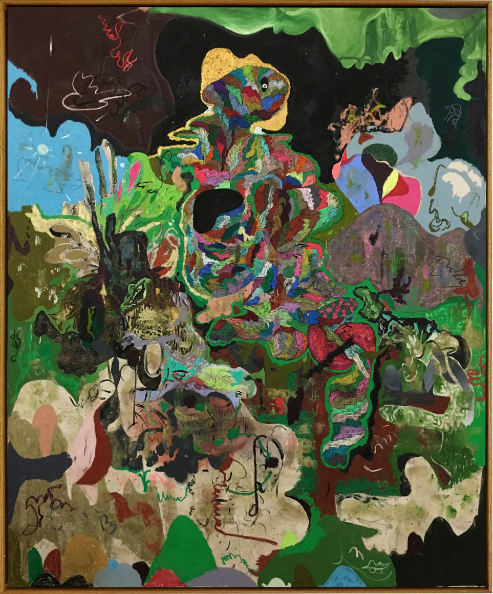 Michael Bauer Boozy Shelter (Mean Mountains), 2019 Oil, crayon, pastel and acrylic on canvas 73 x 61 in 185.4 x 154.9 cm (MB19.006)