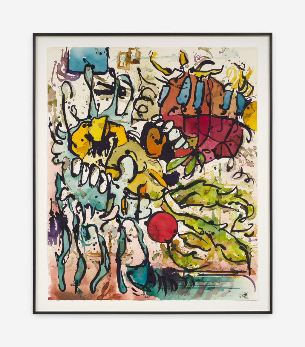 Jan-Ole Schiemann UNTITLED (PURPIL), 2022 Ink, watercolor on paper 49 1/2 x 42 3/8 x 1 5/8 in (framed) 125.8 x 107.5 x 4 cm (framed) (JS22.023)