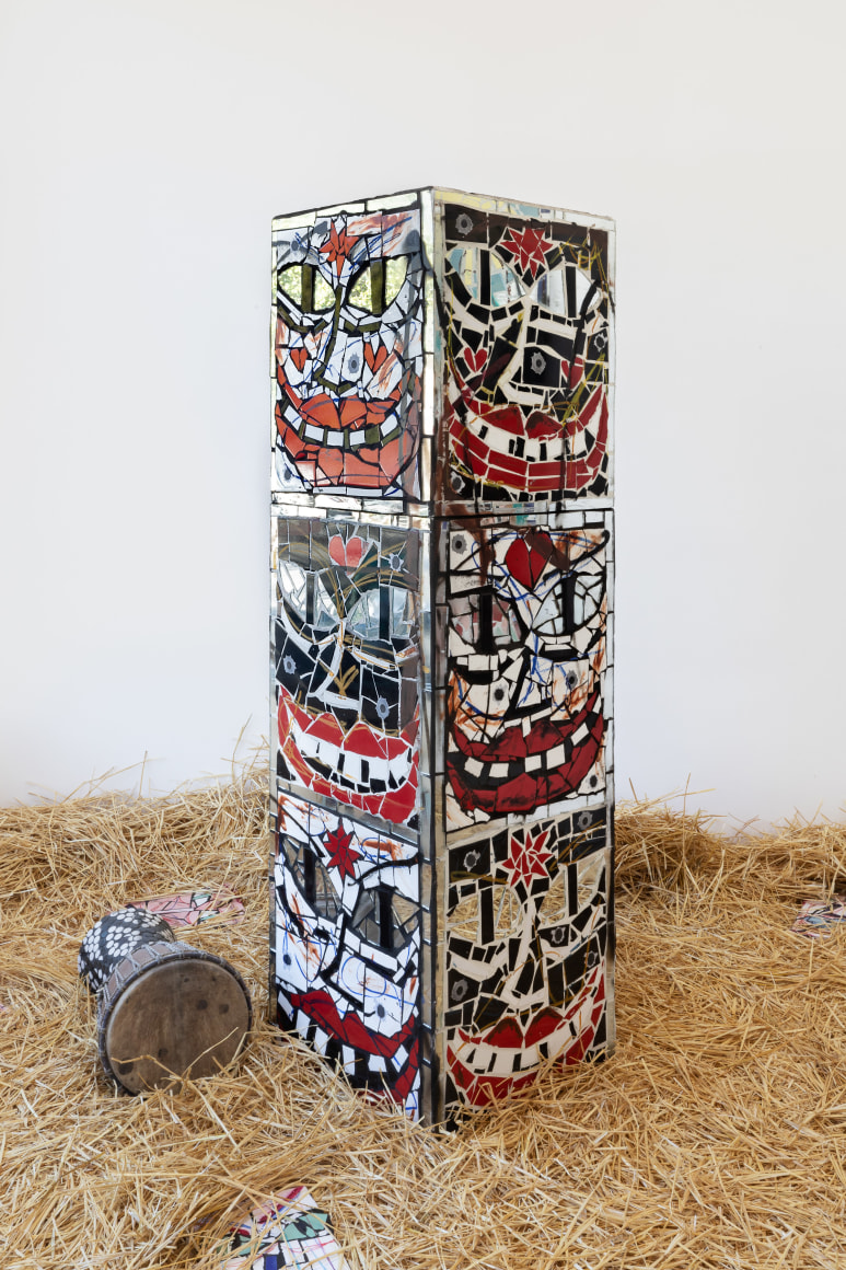 Cameron Welch, Rhythm Section (Cause and Effect), 2019, Oil, acrylic, spray, collage, found objects, and ceramic on panel, 92 3/4 x 20 1/4 x 20 1/4 in (235.6 x 51.4 x 51.4 cm), CWE19.002