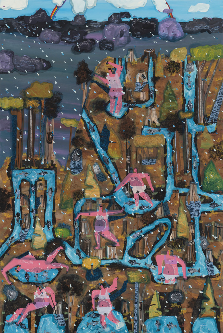 Andrea Joyce Heimer The Best Time For Fish To Bite In The Bitterroot Is During A Rain Shower And The Fish Bites Feel Divine On Our Skin., 2022 Acrylic and oil pastel on panel 60 x 40 in 152.4 x 101.6 cm (AJO22.047)