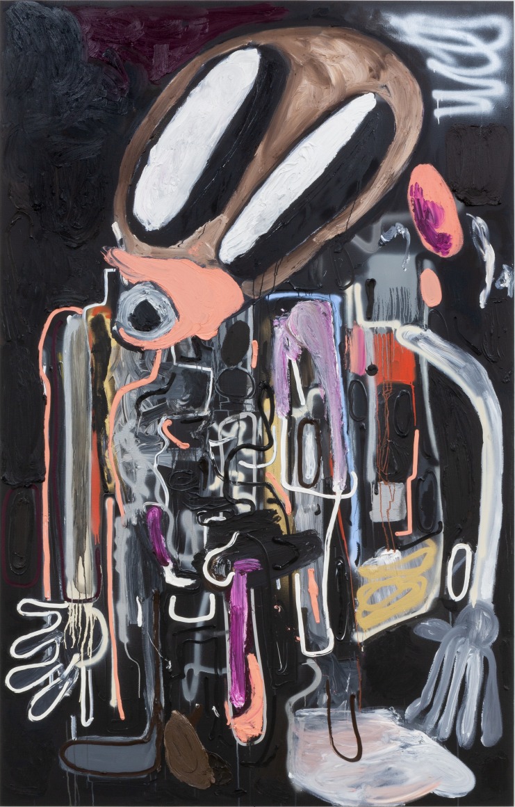 André Butzer Chicken and Waffles Salesman, 2019 Oil and acrylic on canvas 118 1/8 x 74 3/4 in 300 x 190 cm (AB19.003)