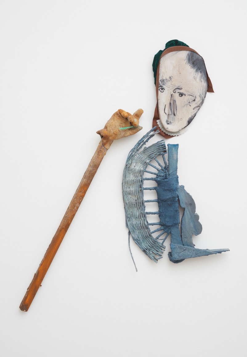 Blair Saxon-Hill Wholly Is Half Manner, 2018 Wood, ribbon, basket, paper clay, cement, fiber reinforced plaster, gouache, antique architectural support, glove, chewed straw, charcoal, badminton 48 x 36 x 9 1/2 in 121.9 x 91.4 x 24.1 cm (BSH18.038)