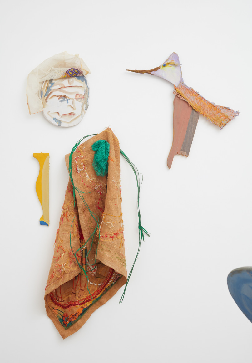 Blair Saxon-Hill Bears and Beckons, 2018 Wood, reversed handy work, mesh bag, incomplete embroidery, gouache, cement, fiber reinforced plaster, found plastic strapping Wood, gouache, fiber reinforced plaster, cement, found plastic shard, lava glaze bead, basket shard 67 x 53 x 10 in 170.2 x 134.6 x 25.4 cm (BSH18.042)