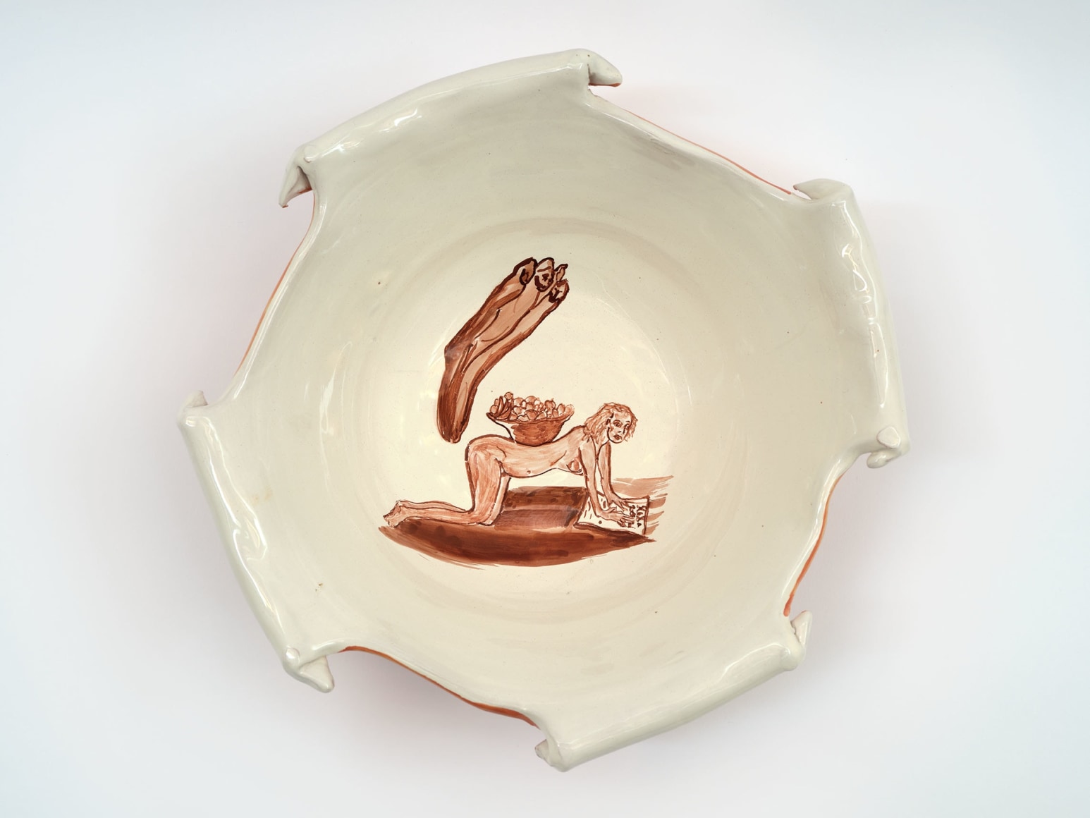 Lola Montes Paper plate Bottom feeder, 2022 Hand-painted terracotta bowl 12 x 12 x 4 in 30.5 x 30.5 x 10.2 cm (LMO22.051)