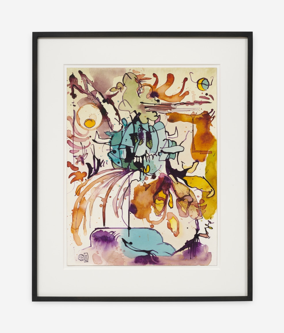 Jan-Ole Schiemann UNTITLED (PURPIL), 2022 Ink, watercolor on paper 17 7/8 x 14 3/4 x 1 5/8 in (framed) 45.5 x 37.5 x 4 cm (framed) (JS22.011)