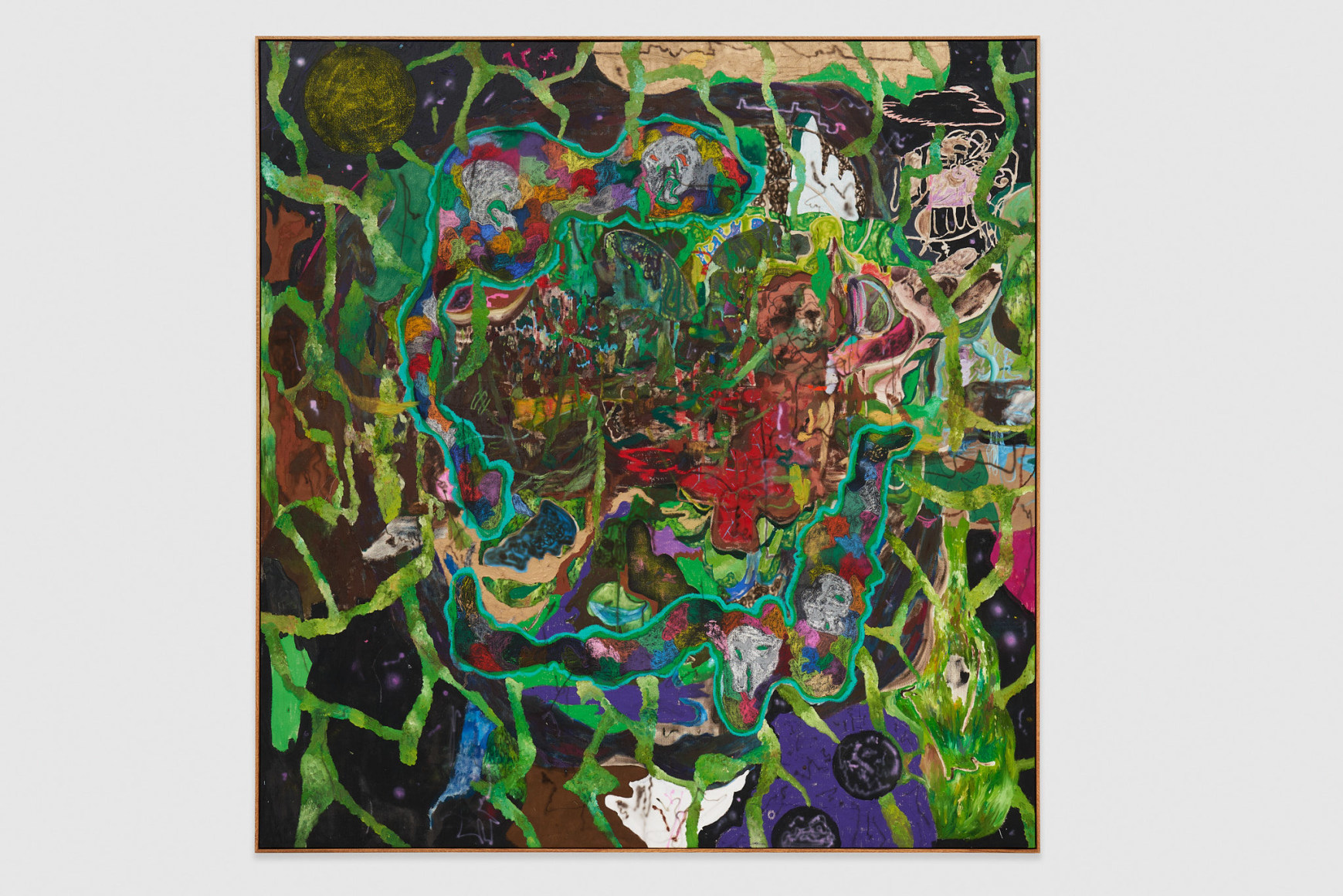 Michael Bauer Yellow Moon and Moss-Family Gathering, 2022 Oil, acrylic, and pastels on canvas 76 x 73 in (framed) 193 x 185.4 cm (framed) (MBA22.006)