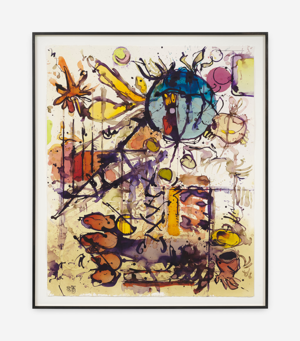 Jan-Ole Schiemann UNTITLED (PURPIL), 2022 Ink, watercolor on paper 49 1/2 x 42 3/8 x 1 5/8 in (framed) 125.8 x 107.5 x 4 cm (framed) (JS22.022)
