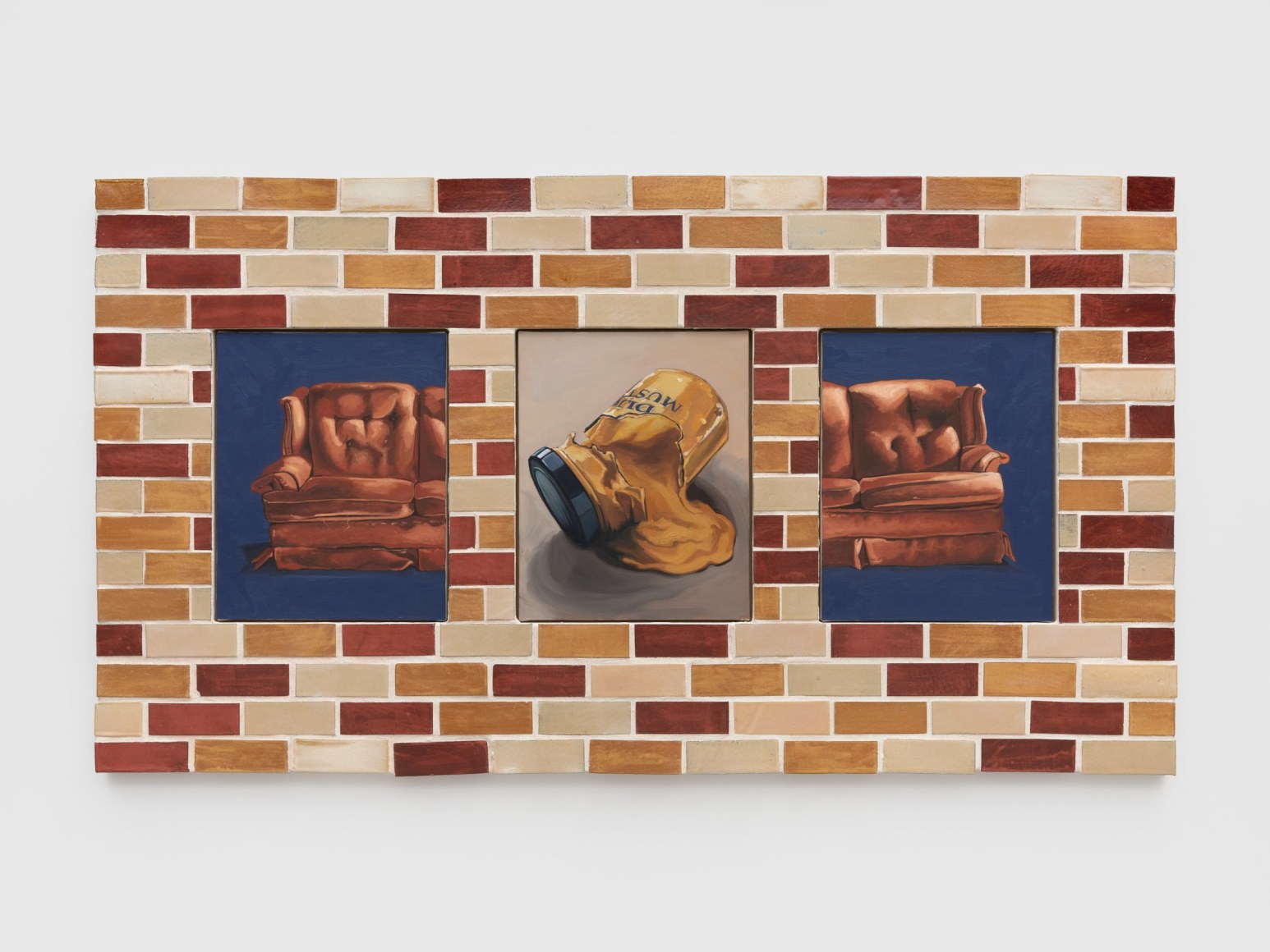 Stephanie Temma Hier, Winning is heady, losing is hard, 2023, Oil on linen with glazed stoneware and cement sculpture, 41 1/2 x 75 x 2 1/2 in, 105.4 x 190.5 x 6.3 cm, (SHI23.009)