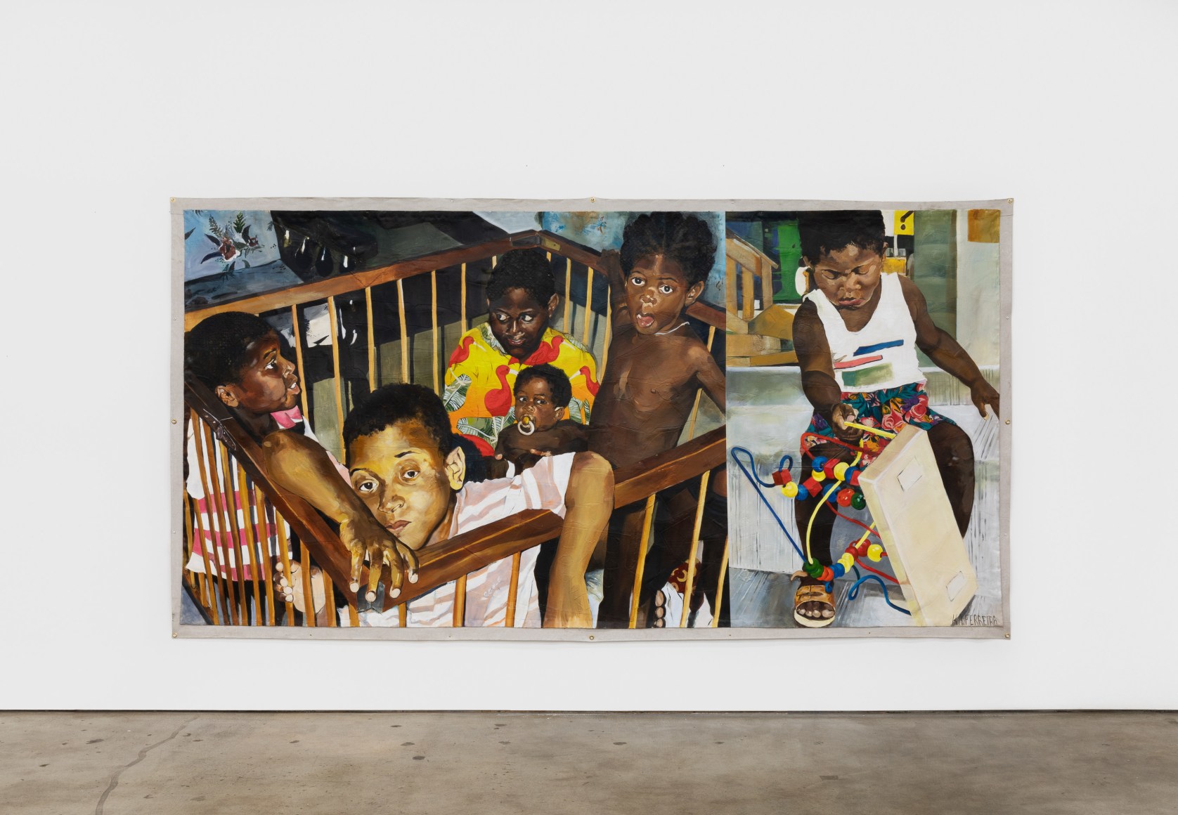 Kareem-Anthony Ferreira, Mess Around Mess About, 2020. Oil, mixed media, canvas, 72 x 137 1/4 in, 182.9 x 348.6 cm (KFE20.001)