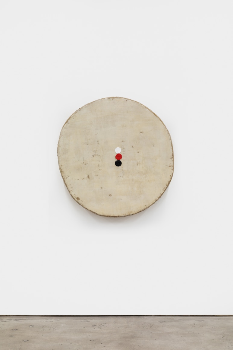 Otis Jones Tan with 3 Circles, Red, White, and Black, 2021 Acrylic on linen on wood 40 x 38 1/2 x 5 in 101.6 x 97.8 x 12.7 cm (OJO21.005)