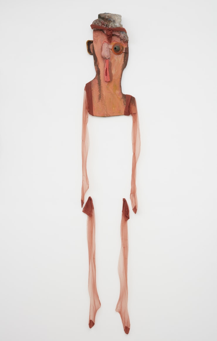 Blair Saxon-Hill Marrow of Melt, 2018 Sardine can, fiber reinforced plaster, gouache, wood, pantyhose, rubber plumbing part on painted wicker spiral weave coaster, metal tacks 91 x 16 x 4 in 231.1 x 40.6 x 10.2 cm (BSH18.043)