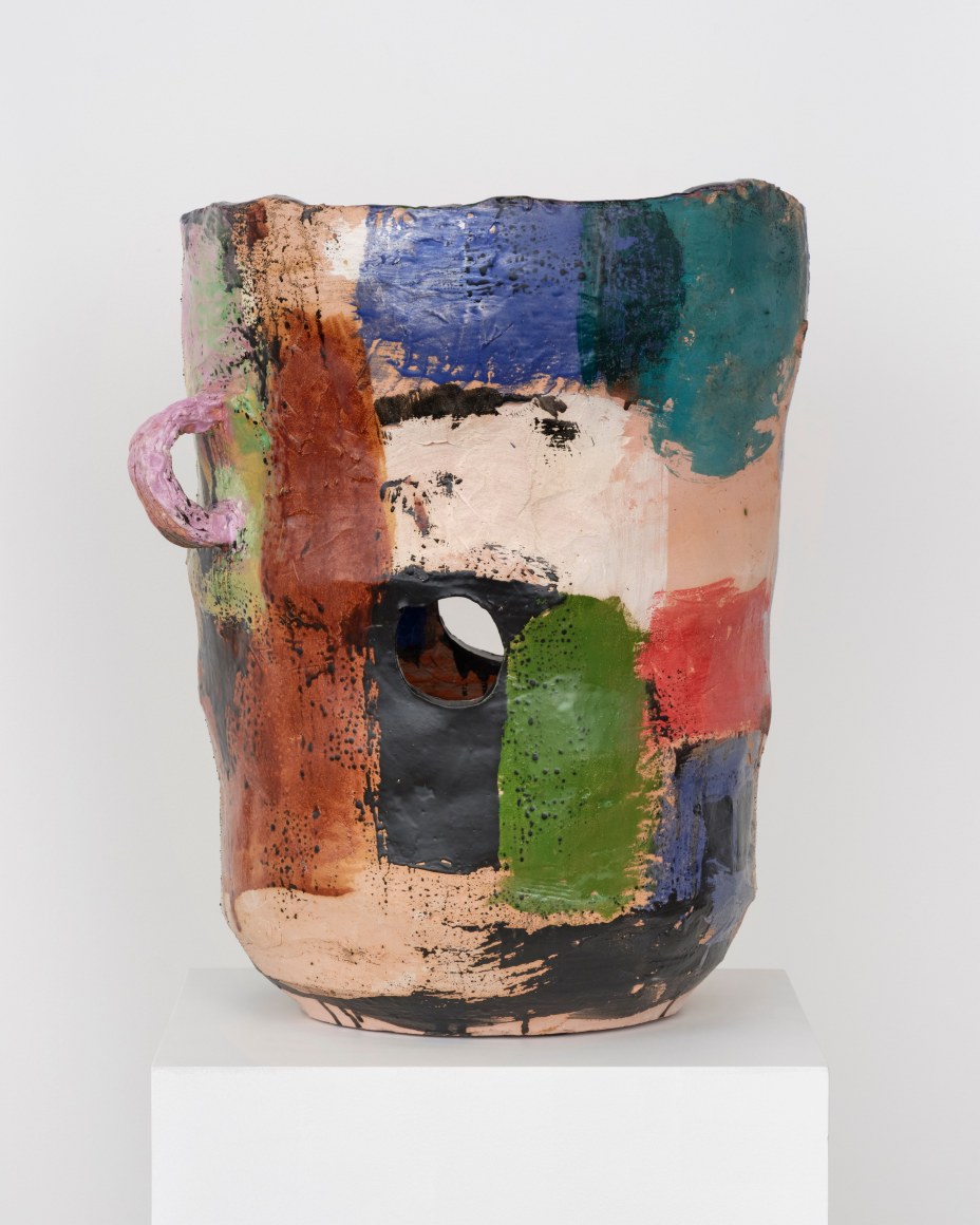 Roger Herman, Large vessel, pink handle, purple, blue, 2023