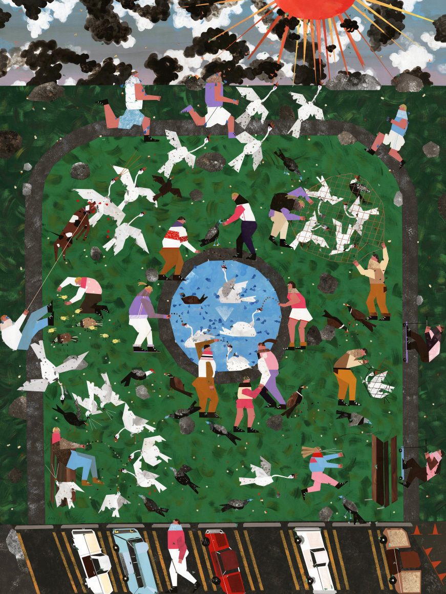 Andrea Joyce Heimer At Paris Gibson Park The Wild Swans Migrated Through And Mixed With The Park Ducks And We Fed Them All Bread. I Didn't Know Swans Had Serrated Beaks, Like Little Teeth, Until Then. I Never Got To Feed The Black Swan., 2020 acrylic on panel 60 x 80 in 152.4 x 203.2 cm (AJO20.003)