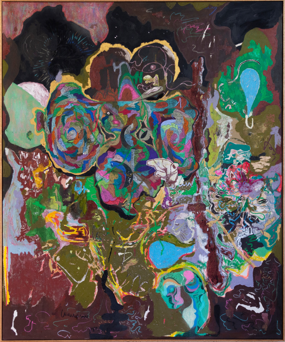 Michael Bauer Swamp Booze, 2019 Oil, crayon, pastel and acrylic on canvas 74 x 61 in 188 x 154.9 cm (MB19.008)