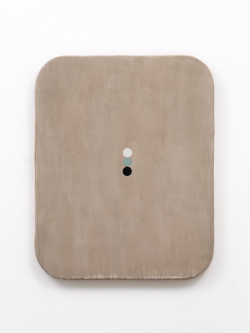 Otis Jones Three Circles, One Green On Grayish Yellow Rectangle, 2024 Acrylic on canvas on wood 50 1/2 x 40 x 4 in 128.3 x 101.6 x 10.2 cm (OJO24.013)