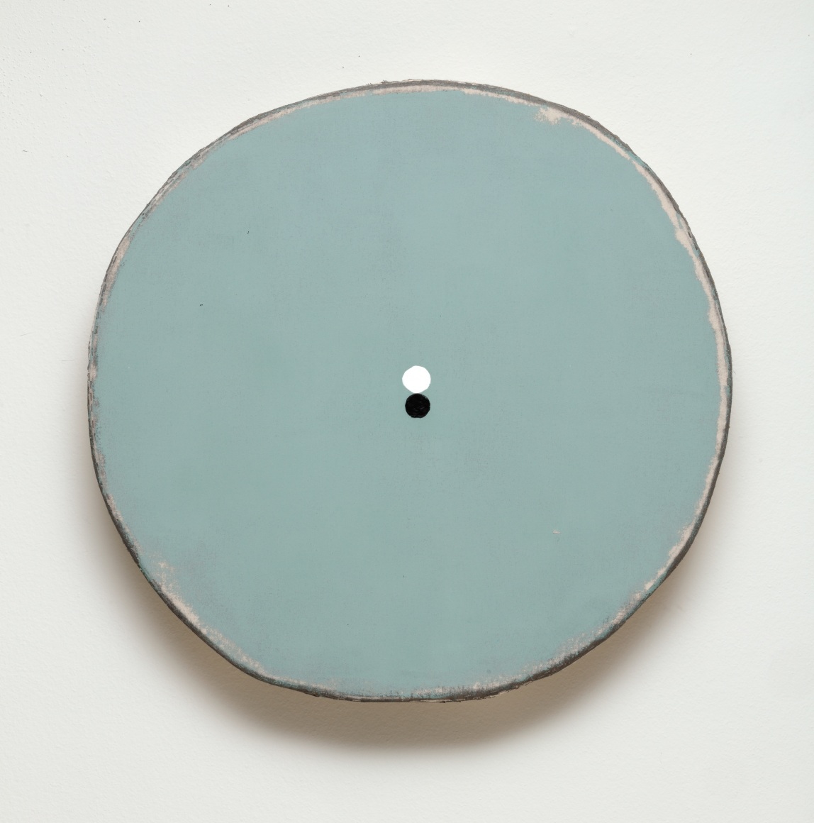 Otis Jones Gray Green with Kissing Black and White Circles , 2022 Acrylic on canvas on wood 40 x 38 x 5 in 101.6 x 96.5 x 12.7 cm (OJO22.002)