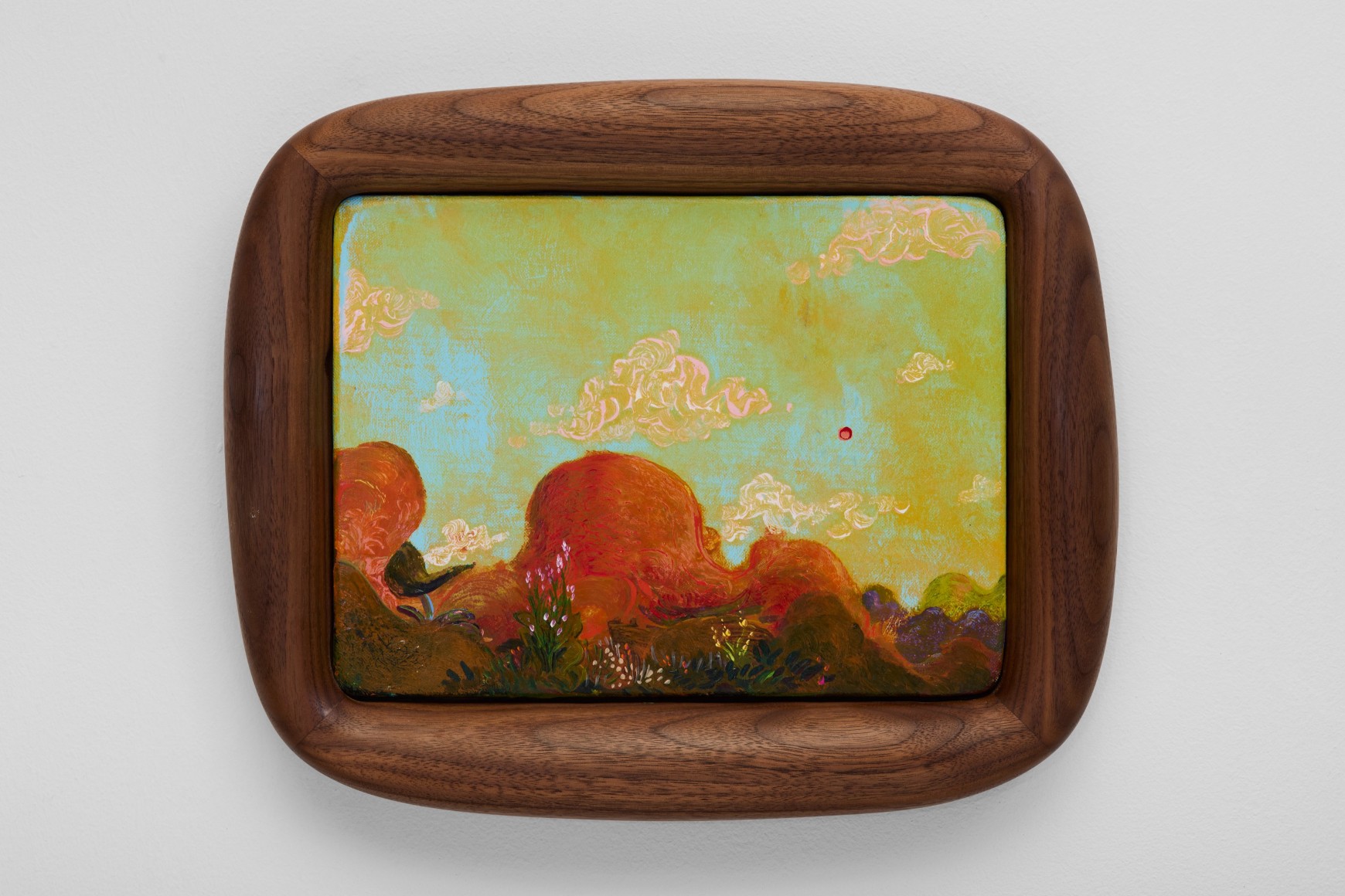 Karel Dicker Red Sun and Pink Flowers, 2025 Acrylic on Belgian linen with American walnut frame 10 3/4 x 12 1/2 in 27.3 x 31.8 cm (KDI25.023)
