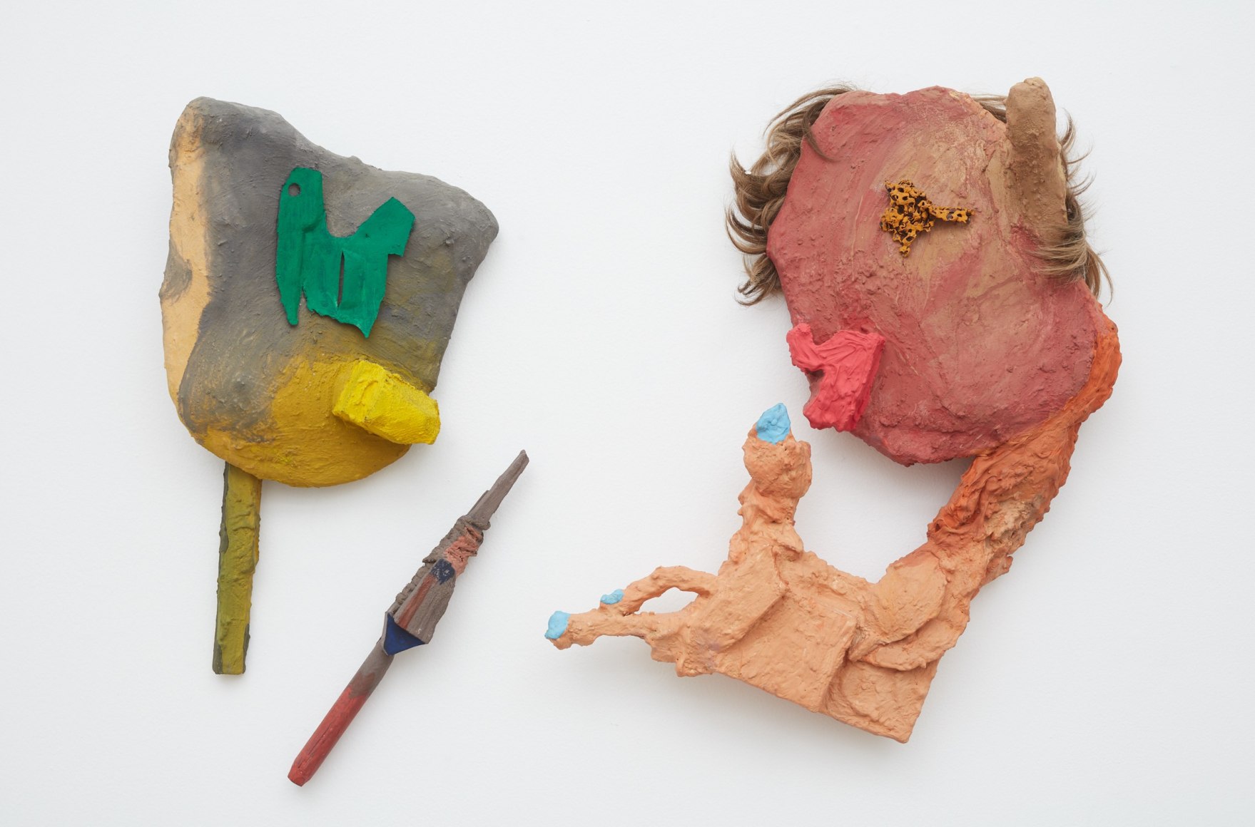 Blair Saxon-Hill Red of Two Mouths, 2018 Hydrocal, cement, fiber reinforced plaster, gouache, wood, hair pin, metal shard Wood, gouache, fiber reinforced plaster, twine Hydrocal, cement, fiber reinforced plaster, gouache, wood, hair pin, plastic shard 24 1/2 x 33 x 7 in 62.2 x 83.8 x 17.8 cm (BSH18.039)
