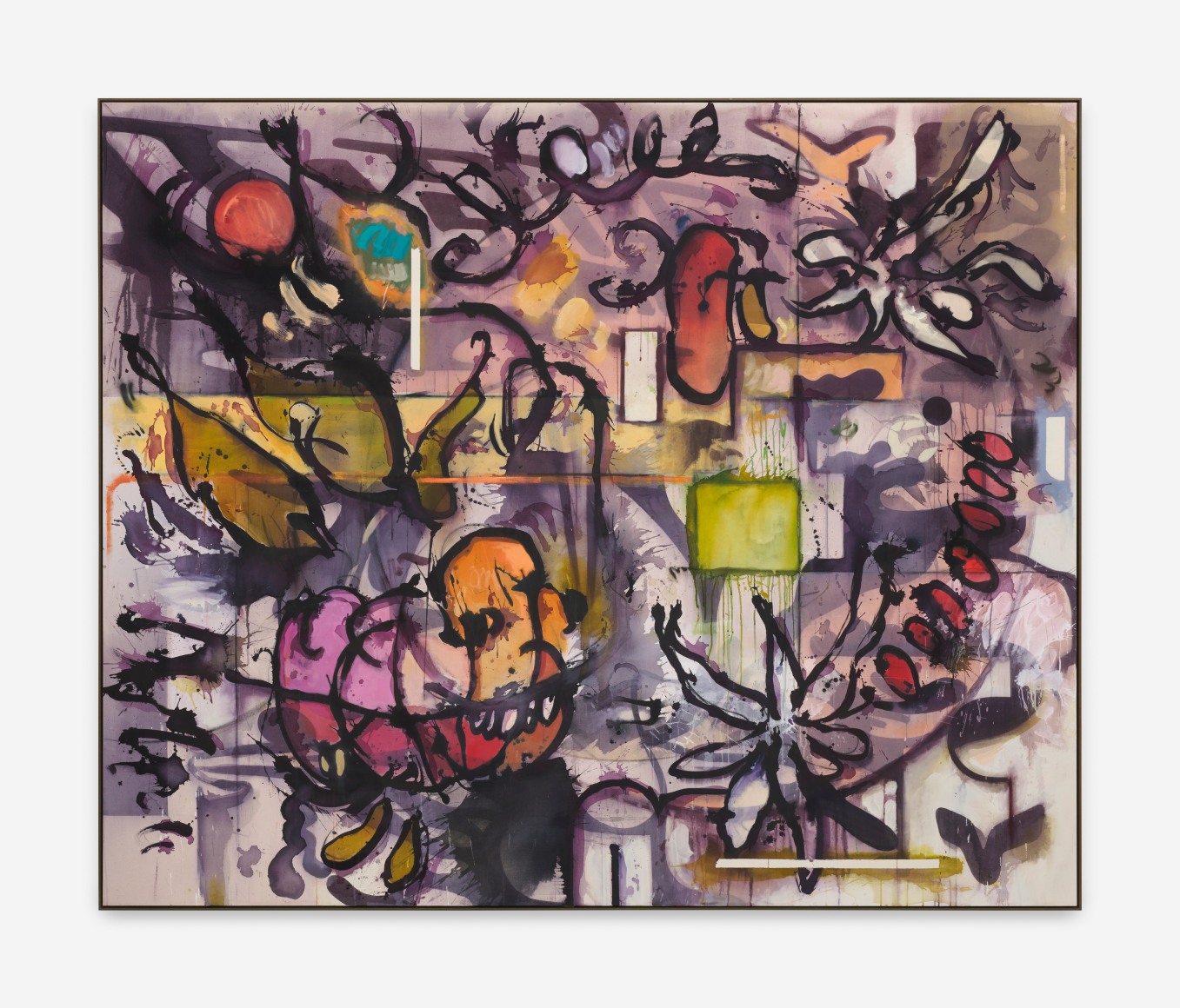 Jan-Ole Schiemann SOMETHING IN MY EYE (PURPIL), 2022 Ink, acrylic, charcoal and oil pastel on canvas 83 5/8 x 101 3/8 in (framed) 212.5 x 257.5 cm (framed) (JS22.015)