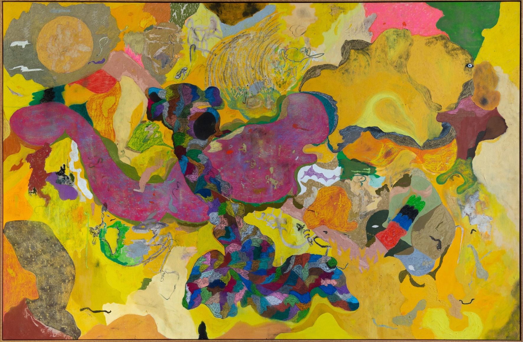 Michael Bauer Ether Shelter Sunday, 2019 Oil, crayon, pastel and acrylic on canvas 63 x 97 in 160 x 246.4 cm (MB19.009)