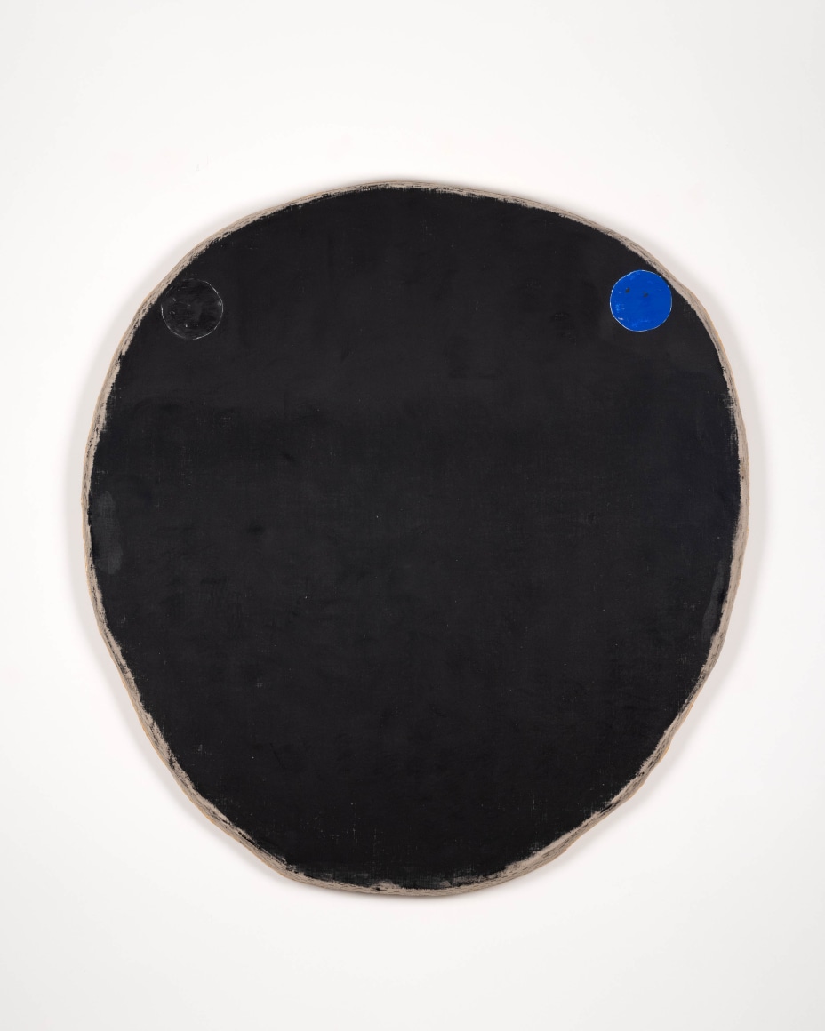 Otis Jones Black with Black Circle and Blue Circle, 2022 Acrylic on linen on wood 60 x 56 1/2 x 3 in 152.4 x 143.5 x 7.6 cm (OJO23.008)