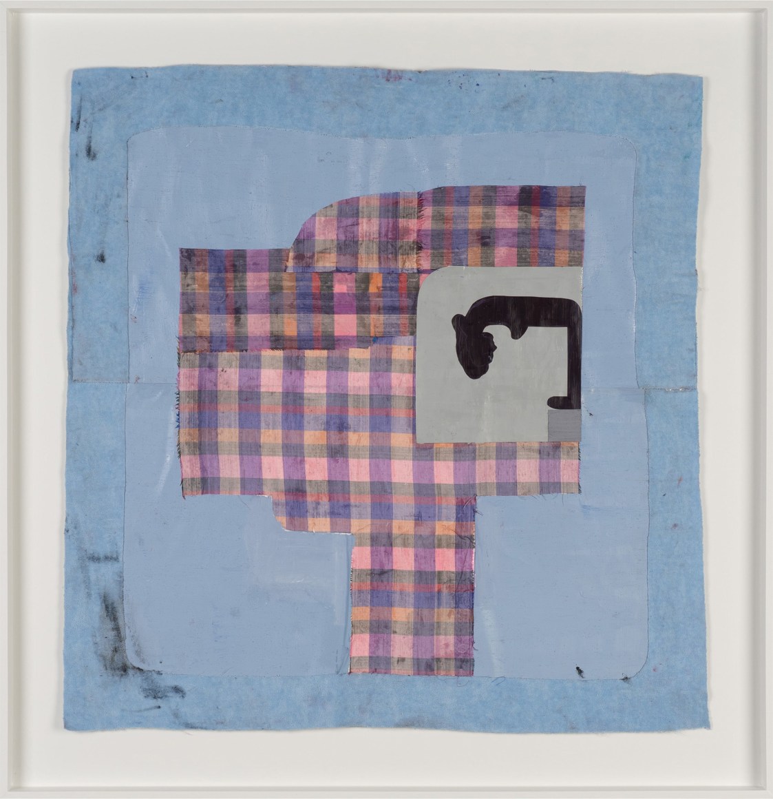Nel Aerts Suicide Figure (SWALLOW MAELSTROM HUT HEAD), 2020-2021 Collage on paper with textile, oil sticks, acrylic in wooden frame 35 x 34 in 90 x 88 cm