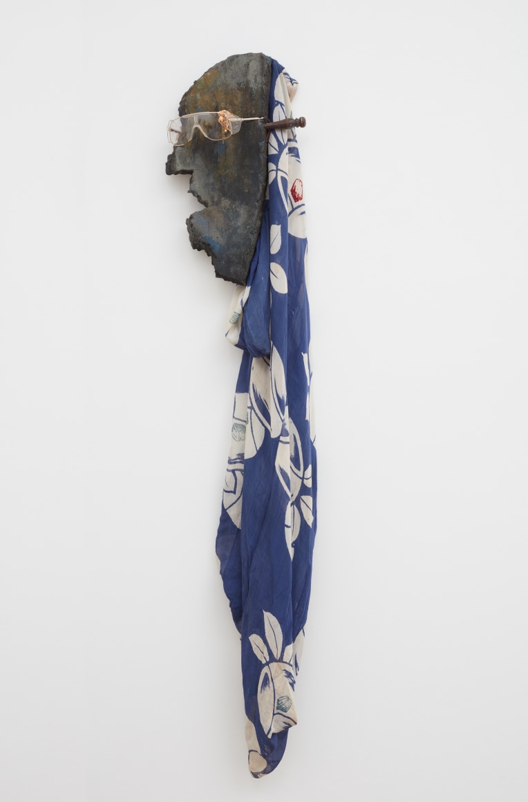Blair Saxon-Hill Cecil, 2018 Grandpa’s gold rimmed safety glasses, gold things, pin, fiber reinforced plaster, gouache, metal file with handle, artist’s robe 61 x 12 x 4 in 154.9 x 30.5 x 10.2 cm (BSH18.037)