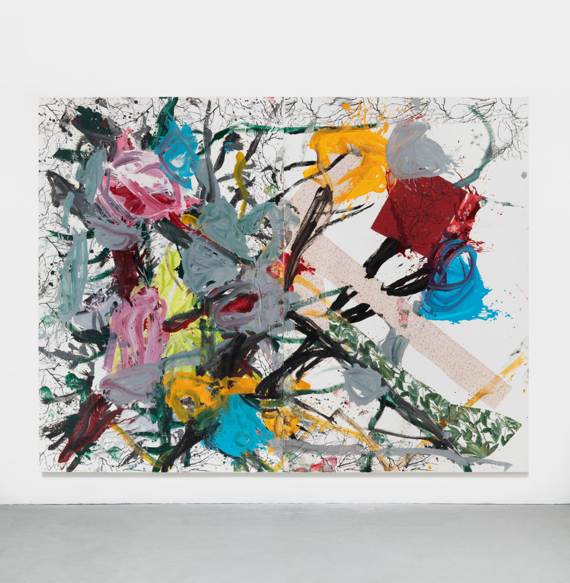 Jorge Galindo LA MAQUINA DE LAS FLORES, 2021 Oil and glued wallpaper on canvas 118 1/8 x 153 1/2 in 300 x 390 cm DIPTYCH (2 panels of 300 x 195 cm each) (JGA21.005)